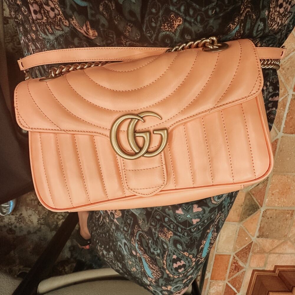 GUCCI GG Marmont Small Matellasé Shoulder Bag Peach